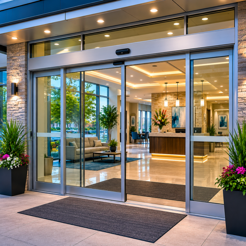 Contemporary hotel lobby with sliding glass doors