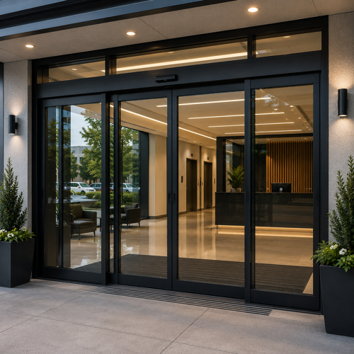 Modern office lobby with sleek sliding glass doors